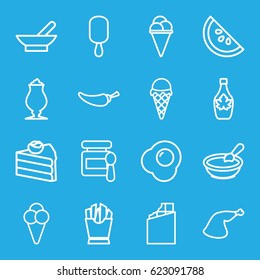 Tasty icons set. set of 16 tasty outline icons such as bowl, baby food, porridge, ice cream on stick, french fries, ice cream, maple syrup, pepper, milkshake, meat leg, egg