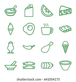Tasty icons set. set of 16 tasty outline icons such as bowl, sausage, porridge, ice cream, pepper, milkshake, meat leg, egg, cheese, watermelon, chocolate
