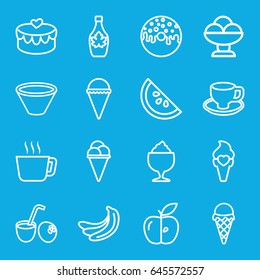 Tasty icons set. set of 16 tasty outline icons such as banana, ice cream, donut, maple syrup, milkshake, coffee cup, apple, heart lock, bowl, drink coconut, watermelon