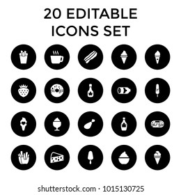 Tasty icons. set of 20 editable filled tasty icons such as sausage, tea, french fries, ice cream on stick, maple syrup, milkshake. best quality tasty elements in trendy style.