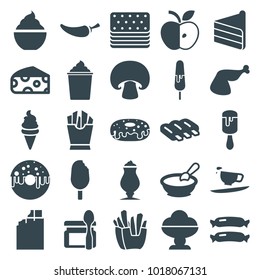 Tasty icons. set of 25 editable filled tasty icons such as sausage, cheese, porridge, chocolate, ice cream, french fries, donut, pepper, milkshake, mushroom, baby food
