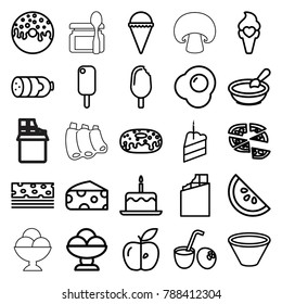 Tasty icons. set of 25 editable outline tasty icons such as sausage, cheese, porridge, cake with one candle, chocolate, ice cream, donut, pizza, piece of cake, apple, bowl