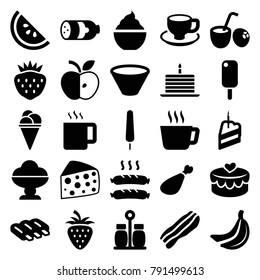 Tasty icons. set of 25 editable filled tasty icons such as sausage, ice cream, tea, ice cream on stick, milkshake, coffee cup, meat leg, strawberry, heart lock, piece of cake