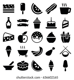 Tasty icons set. set of 25 tasty filled icons such as bowl, sausage, banana, cake with one candle, french fries, ice cream, ice cream on stick, ice cream in can, donut