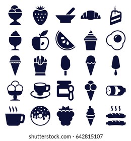 Tasty icons set. set of 25 tasty filled icons such as bowl, sausage, mulberry, baby food, ice cream, ice cream on stick, french fries, donut, milkshake, coffee cup, croissant