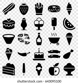 Tasty icons set. set of 25 tasty filled icons such as sausage, cake with one candle, ice cream, french fries, ice cream on stick, donut, pizza, maple syrup, pepper, milkshake