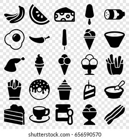 Tasty icons set. set of 25 tasty filled icons such as sausage, banana, cheese, baby food, porridge, french fries, ice cream, ice cream on stick, donut, pepper, coffee cup