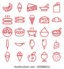 Tasty icons set. set of 25 tasty outline icons such as bowl, sausage, banana, cheese, porridge, ice cream, ice cream on stick, donut, pepper, milkshake, croissant, strawberry