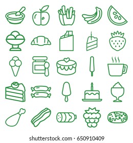 Tasty icons set. set of 25 tasty outline icons such as sausage, mulberry, banana, baby food, porridge, cake with one candle, french fries, ice cream on stick, donut, milkshake