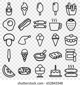 Tasty icons set. set of 25 tasty outline icons such as sausage, mushroom, baby food, porridge, cake with one candle, french fries, ice cream, ice cream on stick, donut