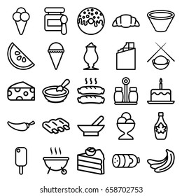 Tasty icons set. set of 25 tasty outline icons such as bowl, sausage, banana, cheese, baby food, porridge, cake with one candle, ice cream, donut, ice cream ball, maple syrup