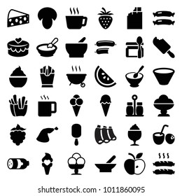 Tasty icons. set of 36 editable filled tasty icons such as bowl, sausage, mushroom, porridge, chocolate, ice cream, tea, french fries, ice cream on stick, milkshake, meat leg