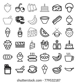 Tasty icons. set of 36 editable outline tasty icons such as bowl, mushroom, sausage, mulberry, banana, cheese, porridge, cake with one candle, tea, french fries, pizza
