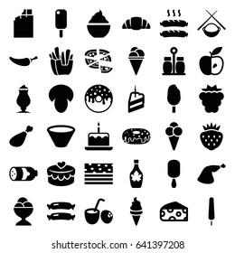 Tasty icons set. set of 36 tasty filled icons such as sausage, mushroom, mulberry, cheese, cake with one candle, french fries, ice cream, ice cream on stick, donut, pizza