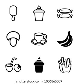Tasty icons. set of 9 editable filled and outline tasty icons such as ice cream in can, sausage, mushroom, french fries, ice cream on stick, coffee cup, drink coconut