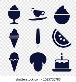 Tasty icons. set of 9 editable filled tasty icons such as mushroom, cake with one candle, ice cream on stick, milkshake, watermelon, ice cream