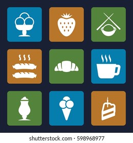 tasty icons set. Set of 9 tasty filled icons such as milkshake, croissant, piece of cake, sausage, ice cream, asian food, strawberry