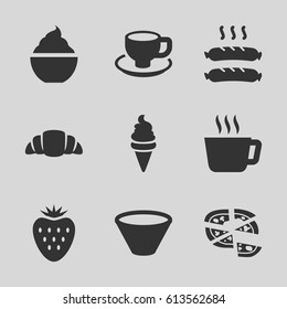 Tasty icons set. set of 9 tasty filled icons such as ice cream, pizza, milkshake, coffee cup, croissant, sausage, bowl, strawberry