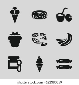 Tasty icons set. set of 9 tasty filled icons such as sausage, mulberry, banana, baby food, ice cream, donut, pizza