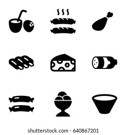 Tasty icons set. set of 9 tasty filled icons such as sausage, cheese, ice cream ball, meat leg, bowl