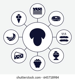 Tasty icons set. set of 9 tasty filled icons such as mushroom, mulberry, banana, donut, ice cream ball, sausage, ice cream, cheese
