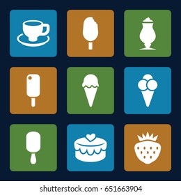 Tasty icons set. set of 9 tasty filled icons such as ice cream on stick, milkshake, coffee cup, strawberry, heart lock