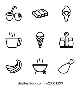 Tasty icons set. set of 9 tasty outline icons such as sausage, banana, meat leg, ice cream, pepper, drink coconut, barbeque