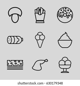 Tasty icons set. set of 9 tasty outline icons such as mushroom, sausage, french fries, donut, milkshake, meat leg, ice cream