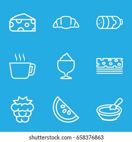 Tasty icons set. set of 9 tasty outline icons such as sausage, mulberry, cheese, porridge, milkshake, croissant, watermelon, tea