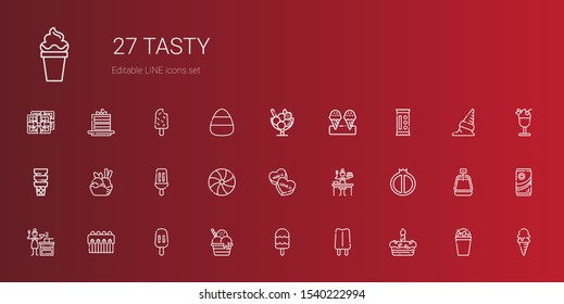 tasty icons set. Collection of tasty with cake, popsicle, ice cream, sauce, watermelon, candy, milkshake, chocolate, cake slice. Editable and scalable tasty icons.
