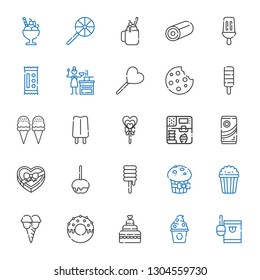 tasty icons set. Collection of tasty with candy, frozen yogurt, wedding cake, donut, ice cream, popcorn, muffin, sweet, caramelized apple, chocolate box. Editable and scalable tasty icons.