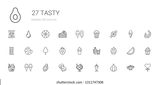 tasty icons set. Collection of tasty with fig, ice cream, candy, papaya, strawberry, tandoor, cotton candy, cookie, popcorn, lollipop, sauce. Editable and scalable tasty icons.