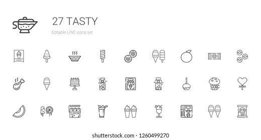 tasty icons set. Collection of tasty with ice cream, meat, sweets, melon, caramelized apple, cookies, ice cream machine, cake, chicken leg. Editable and scalable tasty icons.