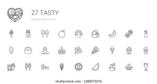 tasty icons set. Collection of tasty with ice cream, watermelon, bread, lollipop, candy, cake, popsicle, banana, donut, soup, smoothie, whipped cream. Editable and scalable tasty icons.