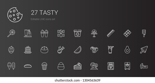 tasty icons set. Collection of tasty with ice cream machine, mushroom, piece of cake, candy, popcorn, bread, ice cream, chocolate, watermelon. Editable and scalable tasty icons.