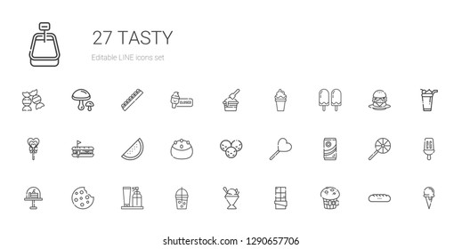 tasty icons set. Collection of tasty with muffin, chocolate, sorbet, smoothie, cream, cookie, cake, lollipop, ice cream, watermelon, hot dog. Editable and scalable tasty icons.