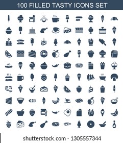 tasty icons. Trendy 100 tasty icons. Contain icons such as maple syrup, bowl, donut, milkshake, pizza, meat leg, cheese, strawberry, banana, ice cream. tasty icon for web and mobile.
