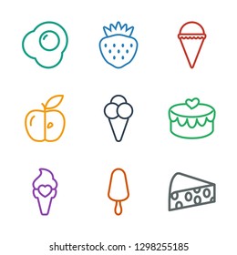 tasty icons. Trendy 9 tasty icons. Contain icons such as cheese, ice cream on stick, ice cream, heart lock, apple, strawberry, egg. tasty icon for web and mobile.