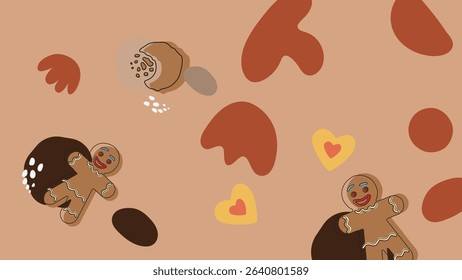 Tasty illustration of spiral rolls, broken cookies, and dark chocolate pieces on a light brown backdrop with flowing abstract dessert elements in rich tones.