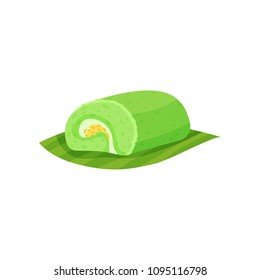 Tasty Indonesian dessert with sweet filling. Delicious dish on green leaf. Flat vector element for recipe book, cafe menu or flyer