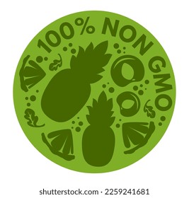 Tasty ingredients and eating, dieting and nourishment. Isolated banner with non gmo fruits. Pineapple and herbs, sweet peaches and orange. Label or emblem, logotype for package, vector in flat style