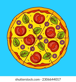 Tasty Italian pizza cut. Delicious fast food meal. Illustration for cafe menu.