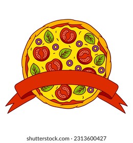 Tasty Italian pizza. Delicious fast food meal. Illustration for cafe menu.
