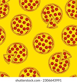 Tasty Italian pizza pattern. Delicious fast food meal. Background for cafe menu.