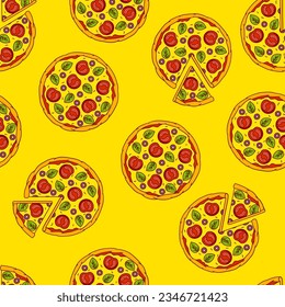 Tasty Italian pizza pattern. Delicious fast food meal. Background for cafe menu.