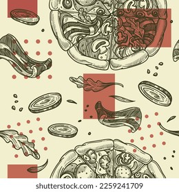 Tasty Italian pizza recipe, baked dough with bacon and herbs, vegetables and sauce. Food and meal, monochrome sketch outline. Seamless pattern, background wallpaper or print. Vector in flat style