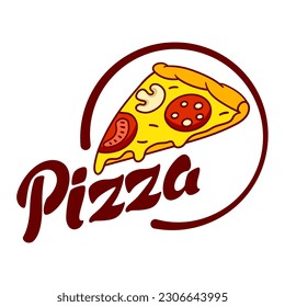 Tasty Italian pizza slice emblem. Delicious fast food meal. Illustration for cafe menu.