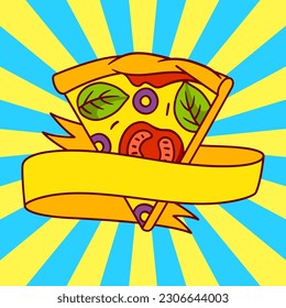 Tasty Italian pizza slice emblem. Delicious fast food meal. Illustration for cafe menu.