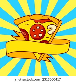 Tasty Italian pizza slice emblem. Delicious fast food meal. Illustration for cafe menu.