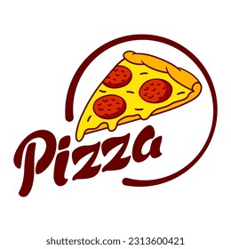Tasty Italian pizza slice emblem. Delicious fast food meal. Illustration for cafe menu.